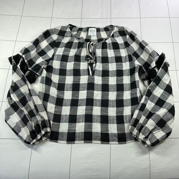 Misa Los Angeles Top Womens Medium Black Buffalo Check Peasant Cotton Tassel - Picture 1 of 8